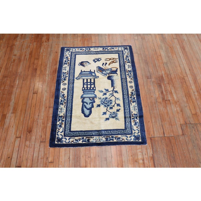 Tan Blue Color Early 20th Century Antique Chinese Oriental Rug For Sale - Image 10 of 18