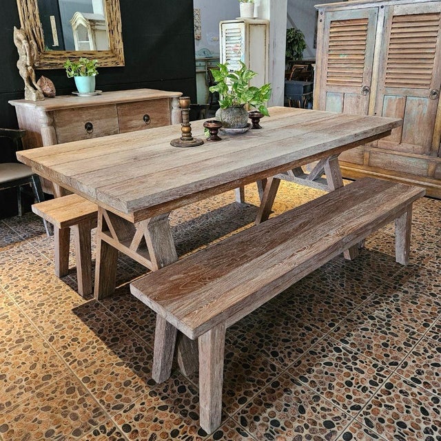 Farmhouse French Rustic Whitewash Trestle Dining Set, Indoor and Outdoor For Sale - Image 3 of 5