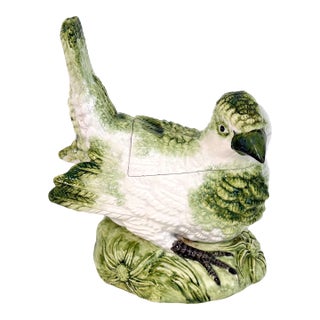 Italian Porcelain Majolica Style Bird Lidded Dish For Sale