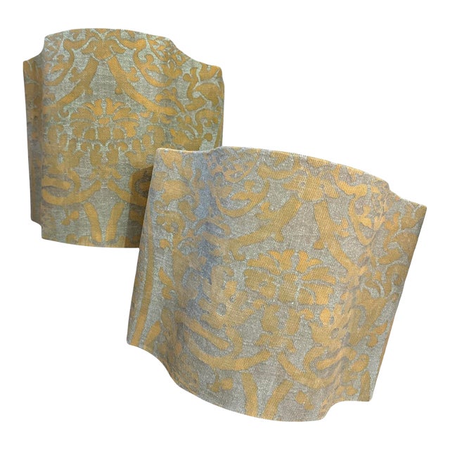 Vintage Italian Fortuny Fabric Half Drum Lamp Shades - A Pair For Sale