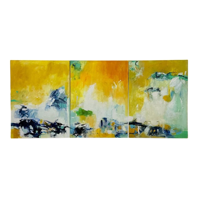 Set of 3 Modern Abstract Paintings Yellow Green Blue Wall Art Acrylic on Canvas For Sale