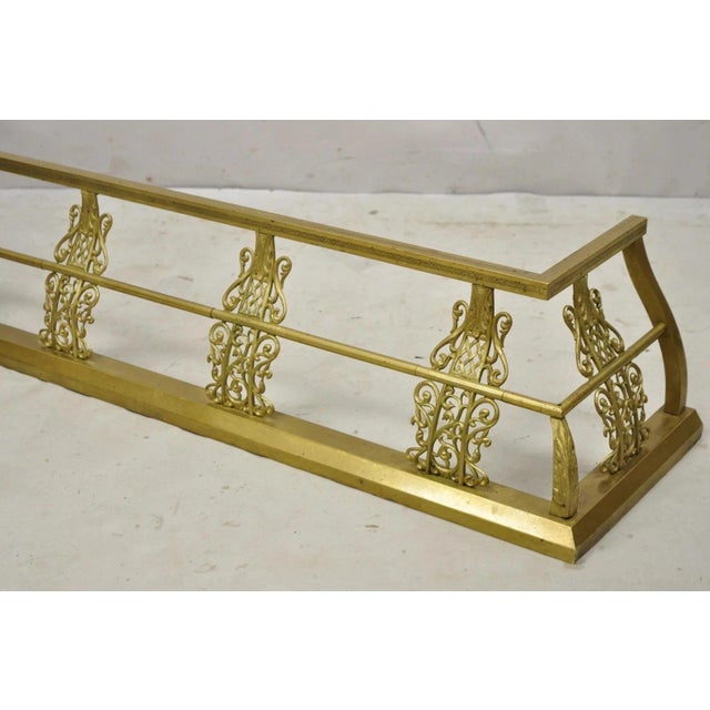 Antique Victorian Brass Scroll Accented 58" Fireplace Hearth Fender Surround For Sale - Image 4 of 12