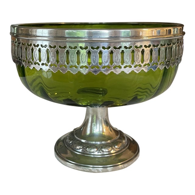 Late 19th Century Antique English Green Glass and Pierced Silverplate Pedestal Bowl/Compote For Sale