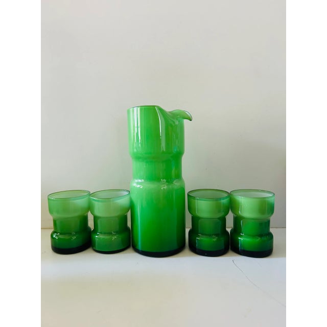 1960s 1960s Vintage Holmegaard Sweden Green Cased Glass Cocktail Pitcher with 4 Glasses- 5 Pieces For Sale - Image 5 of 5