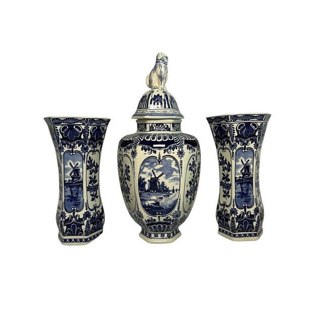 Blue Vintage Three-Piece Windmill Garniture Set in the style of Boch Delft, 20th Century, 1950s, Set of 3 For Sale - Image 8 of 8