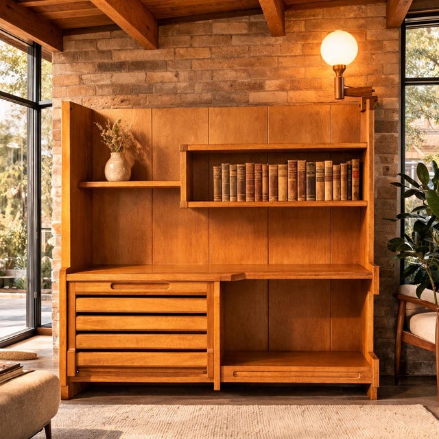 OAK BAR-CABINET BOOKSHELF WITH LAMP Guillerme et Chambron for Votre Maison, unmarked France, 1970s Oak, oak veneers,...