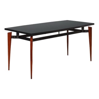 Vintage Table in Mahogany and Metal with Glass, 1960s For Sale