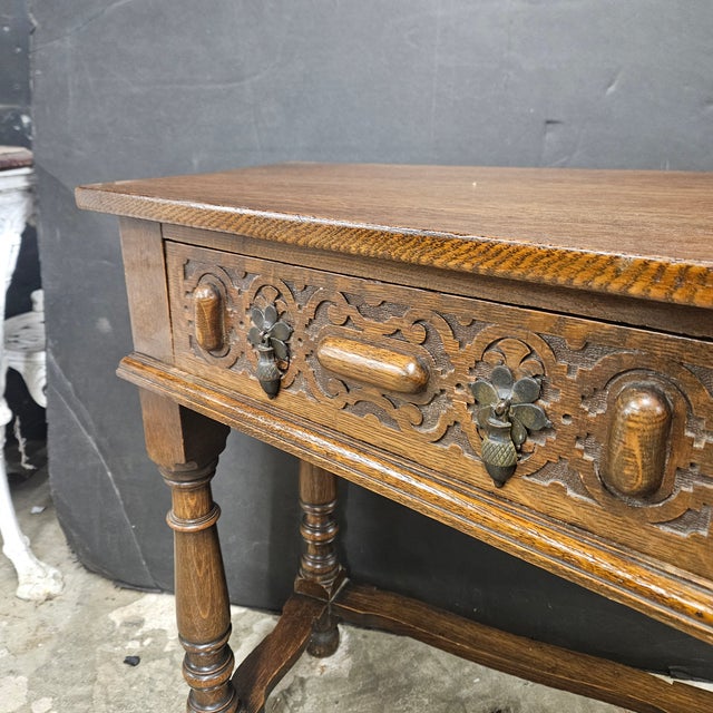 Vintage English Oak 2 Drawer Console Table With Shaped Front For Sale - Image 9 of 17