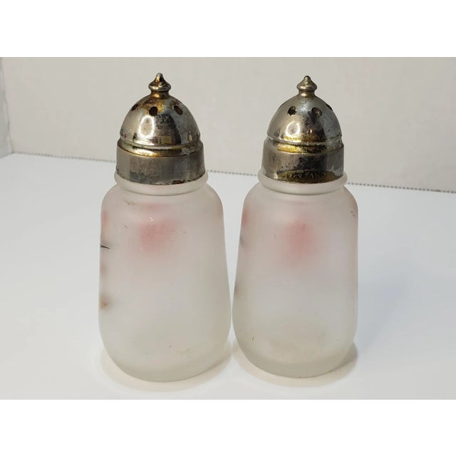 Boho Chic Hazel Atlas Satin Glass With Painted Floral Design Salt & Pepper Shakers For Sale In Nashville - Image 6 of 9