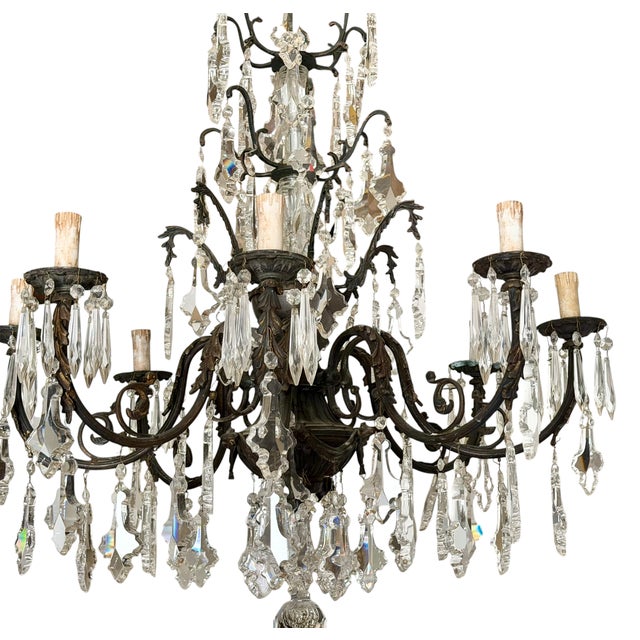 French Crystal & Patinated Bronze 8 Light Chandelier.