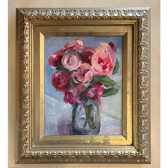 Original floral Impressionist painting on stretched canvas in a vintage wood frame with silver leaf. The painting is in a...