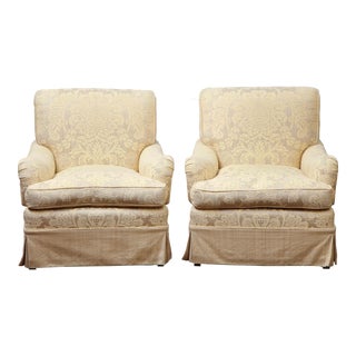 Pair of Large Scale Skirted Club Chairs in Cream Damask Linen For Sale