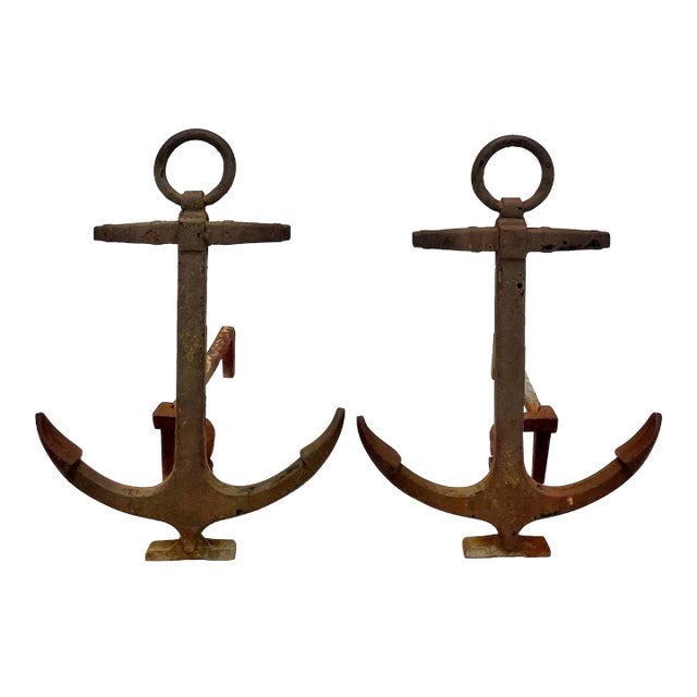 Pair of Antique Cast Iron Ship Anchor Andirons For Sale