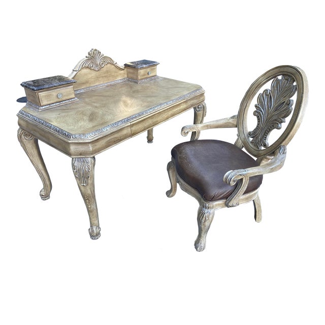 Schnadig Vintage French Provincial Style Wood Desk and Matching Chair