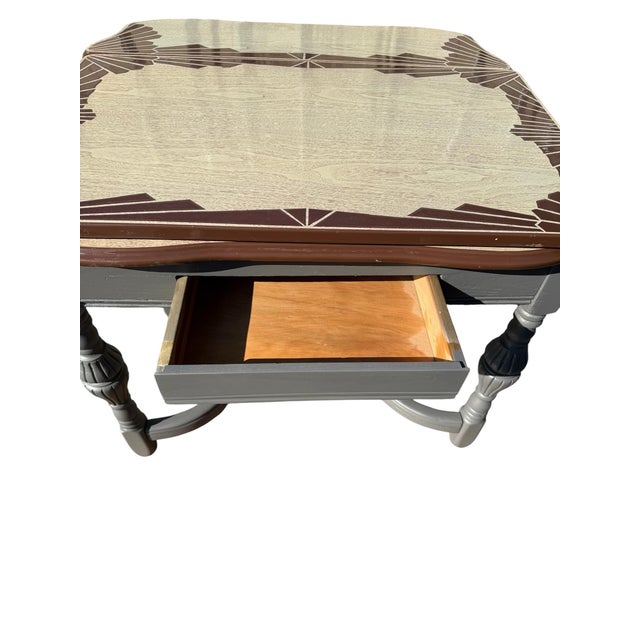 Wood Vintage Art Deco Porcelain Enamel Drop Leaf Kitchen Table With Drawer For Sale - Image 7 of 9