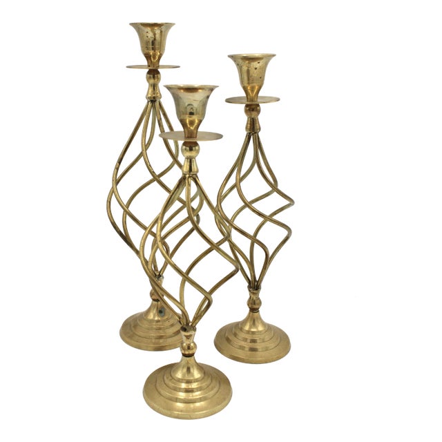 Vintage Shabby Chic Spiral Brass Candlesticks (3) For Sale