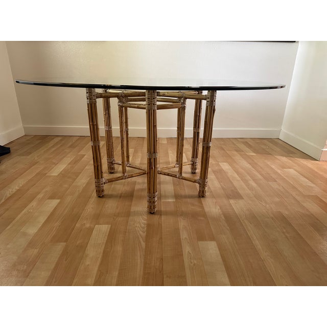 1990s 1990s Unmarked McGuire Organic Modern Bamboo & Rattan Circular Dining Table With Glass Top For Sale - Image 5 of 12