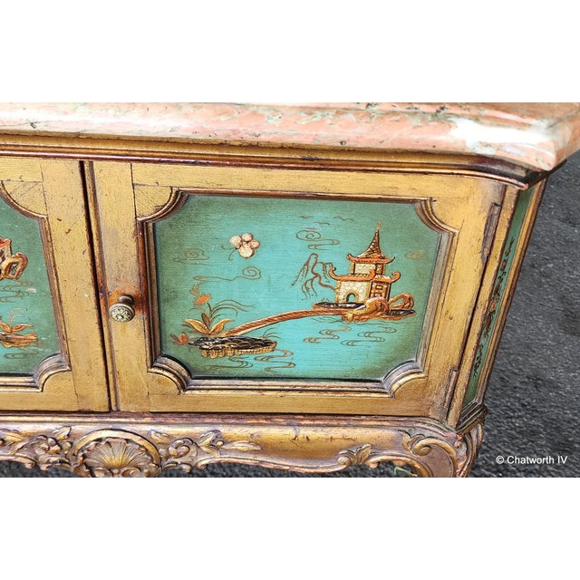 1920s Antique 1920s Petite Marble Top Italian Rococo Chinoiserie Style Painted Commode Cabinet For Sale - Image 5 of 13