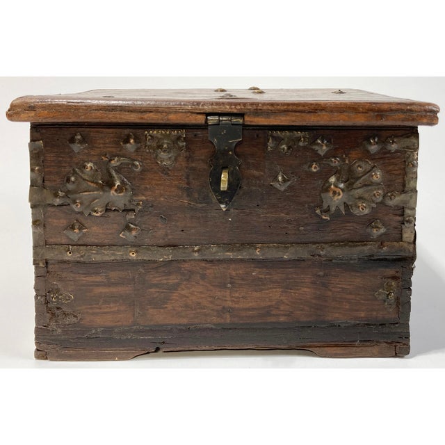 Rustic Antique Primitive Wood Strong Box With Metal Accents For Sale - Image 3 of 9