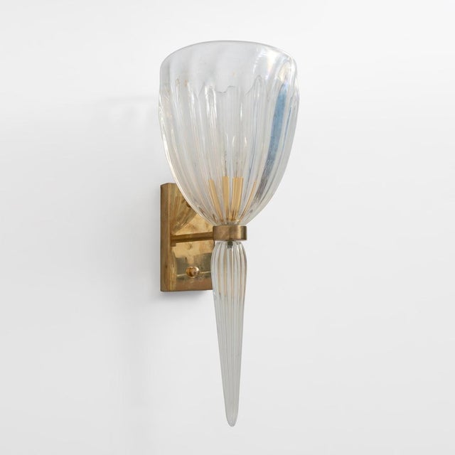 Italian Murano Iridescent Glass and Brass Wall Sconces, 1990, Set of 2 For Sale - Image 6 of 10