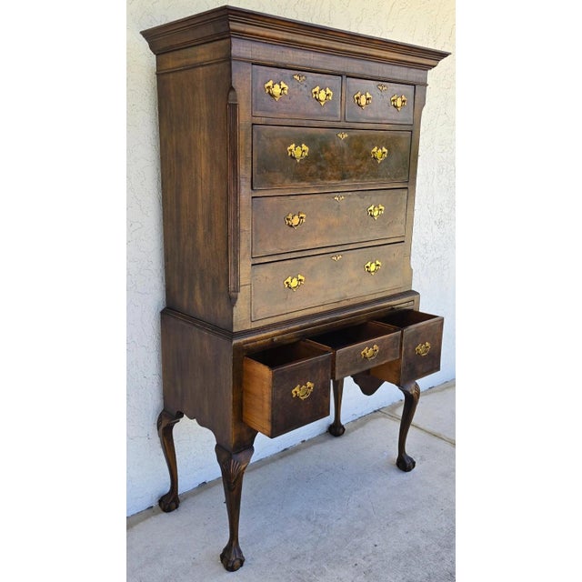 Antique Walnut Highboy Dresser Desk With Pullout Writing Surface For Sale - Image 13 of 18