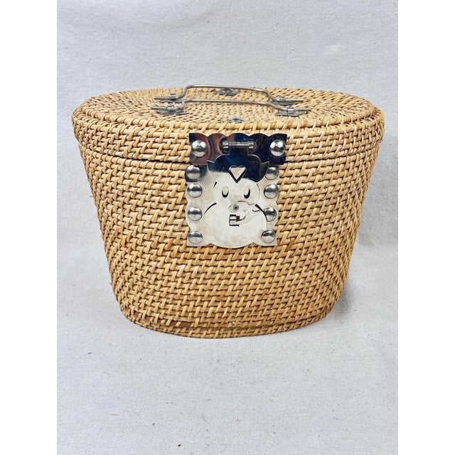 Boho Chic Vintage Hand-Woven Rattan & Wicker Travel Tea Basket / Storage Caddy For Sale - Image 3 of 10