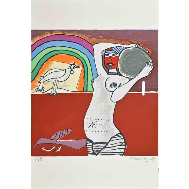 Guillaume Corneille, Girl with Rainbow: Homage to Leopold\., 1970s, Lithograph For Sale - Image 3 of 3