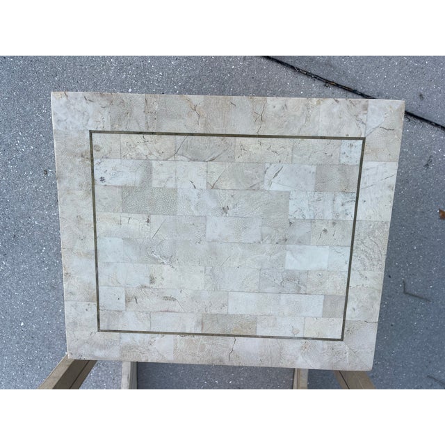 White Marble Veneer & Brass Inlay Waterfall Nesting Tables, a Set of 2 | Hollywood Regency For Sale - Image 8 of 12