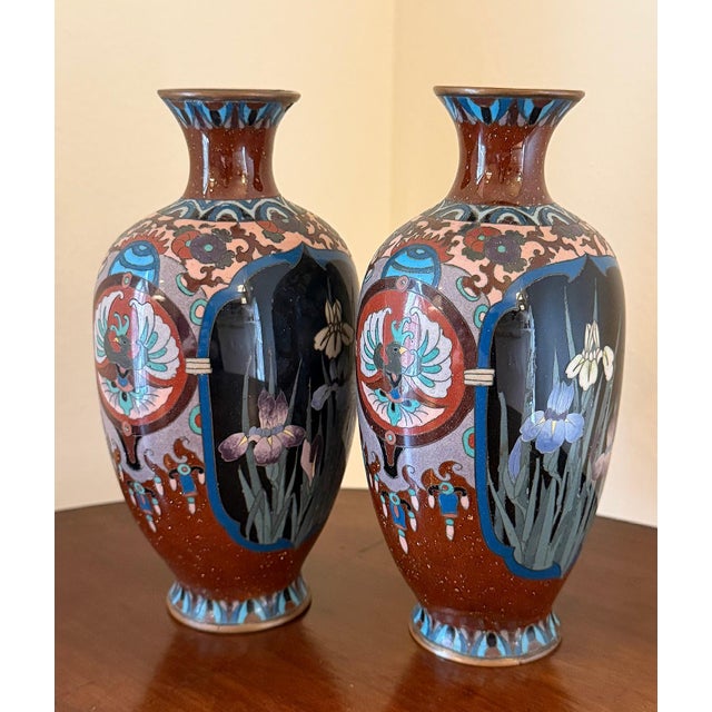 Late 19th Century Antique Meiji Period Japanese Cloisonné Enamel Vases With Bird & Floral Decoration - A Pair For Sale - Image 5 of 7