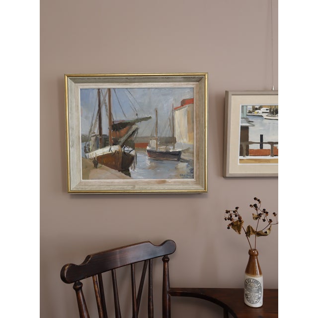 1953 Mid-Century Modern 'Harbour at Rest' Vintage Original Swedish Expressive Seascape Oil Painting, Framed For Sale - Image 4 of 13