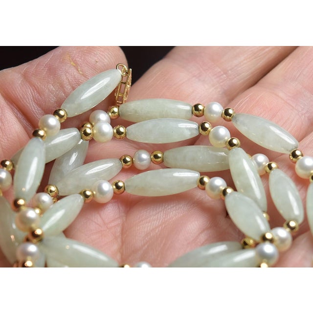 Vintage Barrel Jade & Pearl 14k Beaded 26" Necklace For Sale - Image 12 of 17