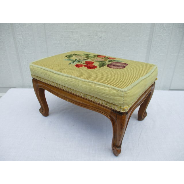 Early 20th Century Vintage Belgian Yellow Upholstered Footstool With Carved Base For Sale - Image 5 of 11