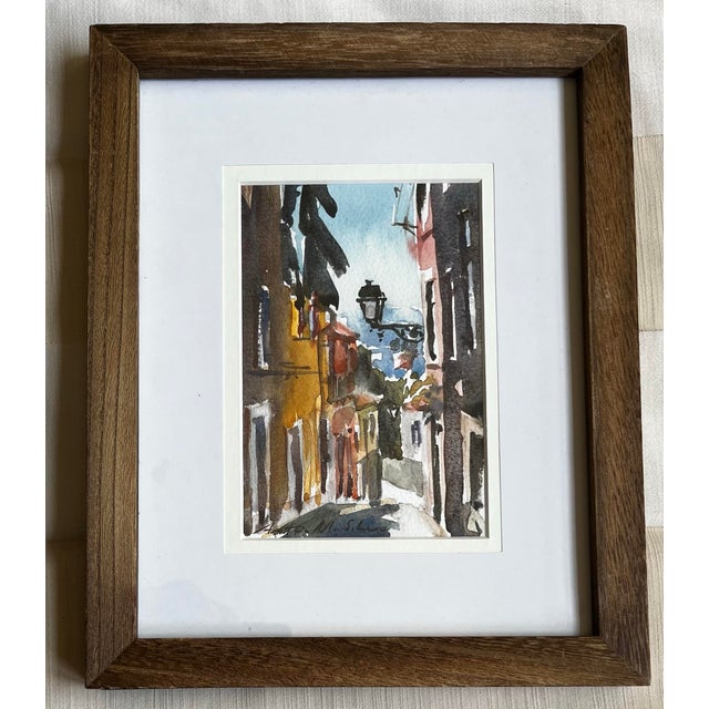 Small street scene watercolor by by Antonio M. Silva (Portugal, 1960 -). The image, measures 6"H x 4"W and with mat and...