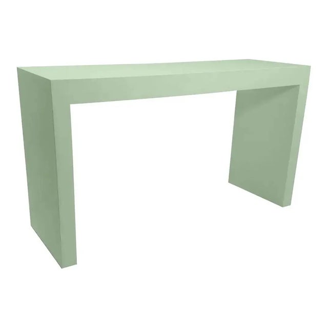 Modern mid century style modern mint green console. The console is made of solid alder and done in a sea foam green...
