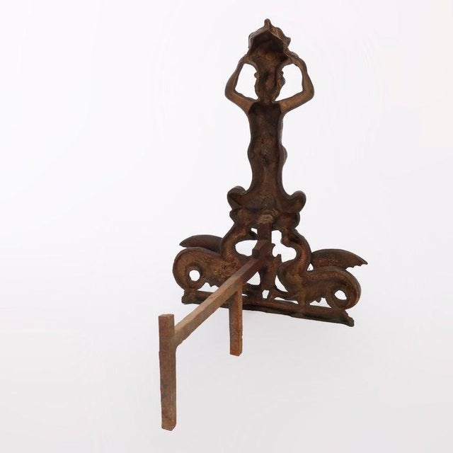 Metal Antique Neoclassical Figural Cast & Wrought Iron Fireplace Andirons, Circa 1900 For Sale - Image 7 of 9