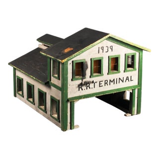 Vintage 1939 "R. R. T. Terminal" Polychrome Wood Architectural Scale Model Folk Art Prop For Sale