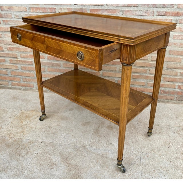 Wood Neoclassic French Marquetry Side Table With One Drawer And Wheels 1940s For Sale - Image 7 of 18