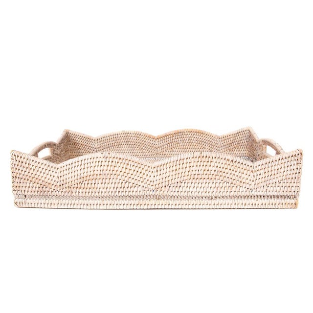 2020s Artifacts Rattan Scallop Collection Rectangular Tray in White Wash - 22" For Sale - Image 5 of 6
