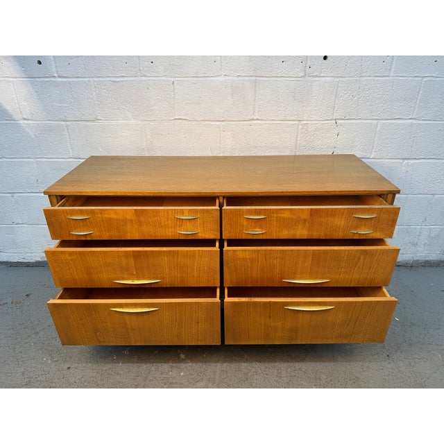 Brass Mid-Century Six Drawer Walnut & Brass Lowboy Dresser by West Michigan Furniture Co. Attributed For Sale - Image 8 of 17