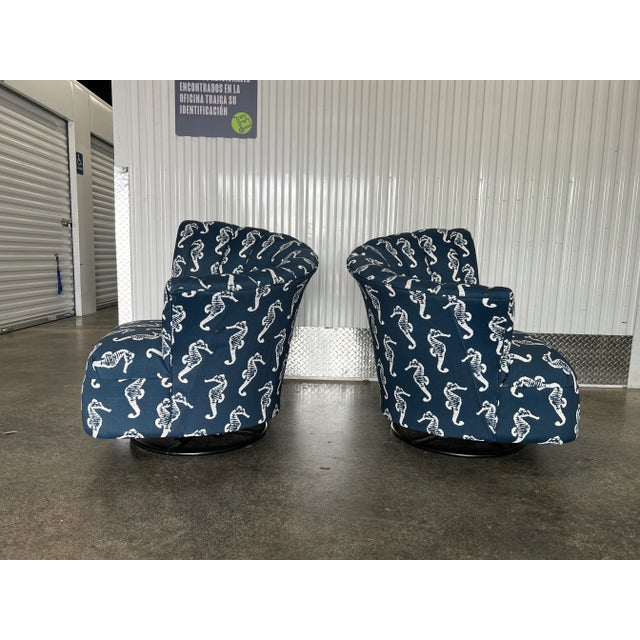 Art Deco 1970s Beach House Seahorse Fabric Covered Fan Back Lounge Chairs - a Pair For Sale - Image 3 of 10