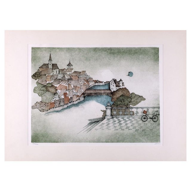 Modern Ossi Czinner, Town Landscape, Original Lithograph For Sale - Image 3 of 3
