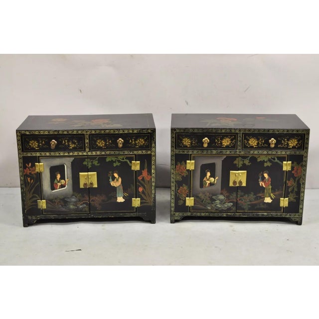 Vintage Chinese Small Low Asian Black Lacquer Painted Cabinets - a Pair. Circa Late 20th Century. Measurements: 18" H x...