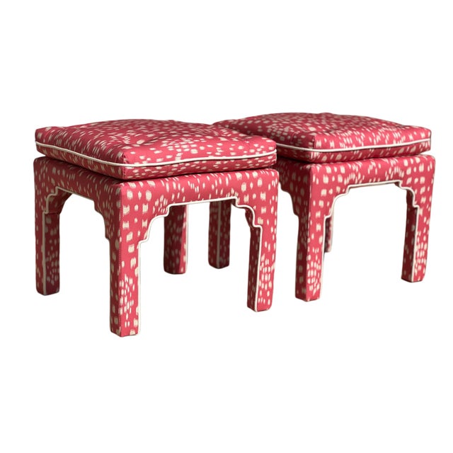 Pair Matching vintage benches/ottomans Newly upholstered in Brunschwig & Fils les touches Pink color way. White contrast...