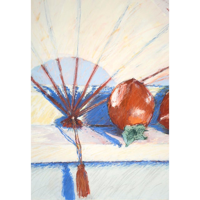 Hachiya Persimmons & Fan, Modern Still Life With Red-Orange and Blue by Anita Heckman For Sale - Image 4 of 7