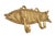 A bohemian brass wall hook fixture with two flat hooks. A backplate shaped like a fish is cast with bohemian lines...
