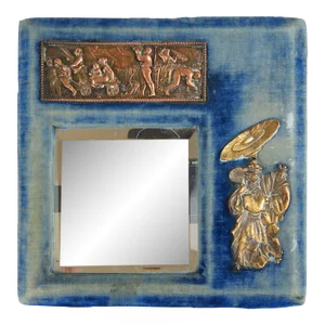 Small Antique Chinoiserie Velvet Brass Copper Mirror