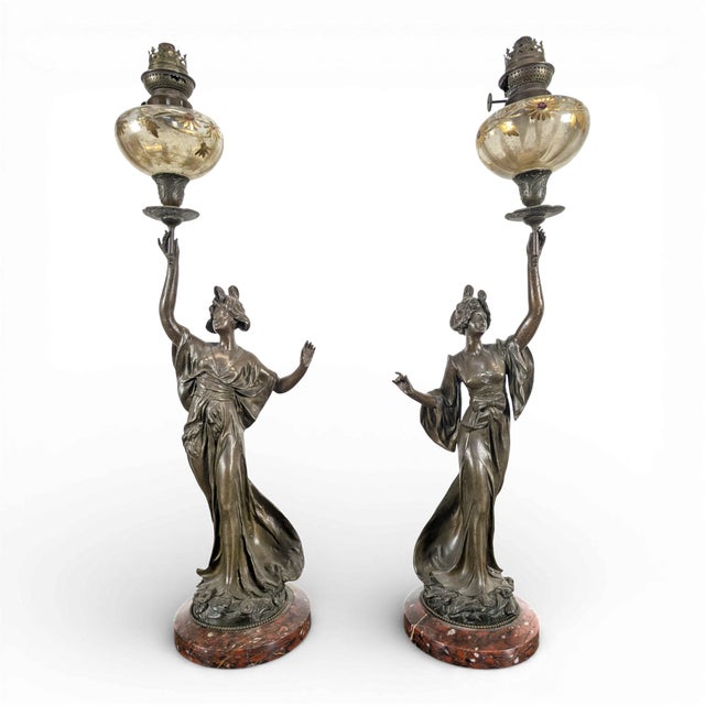 Brown Art Nouveau Spelter Oil Lamps, Set of 2 For Sale - Image 8 of 8