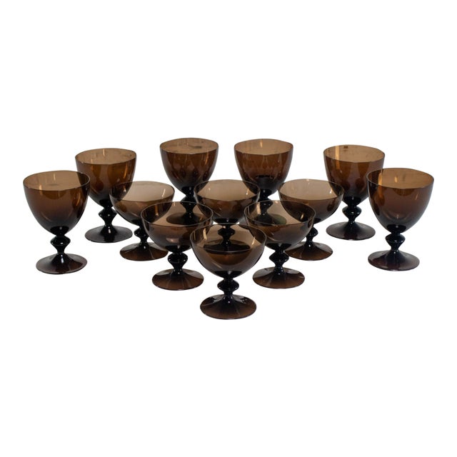 Mid to Late 20th Century Scandinavian Modern Stemware Brown Set of 12 Attr Bjorkshult Swedish Glass For Sale