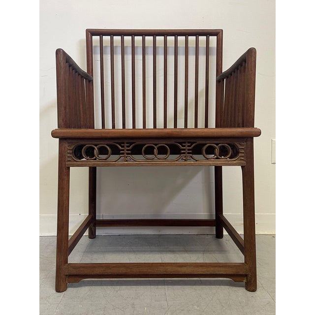 Wood 1970s Antique Official’s Arm Chair Wooden Huanghuali Style Spindle Back. Walnut Tone For Sale - Image 7 of 9