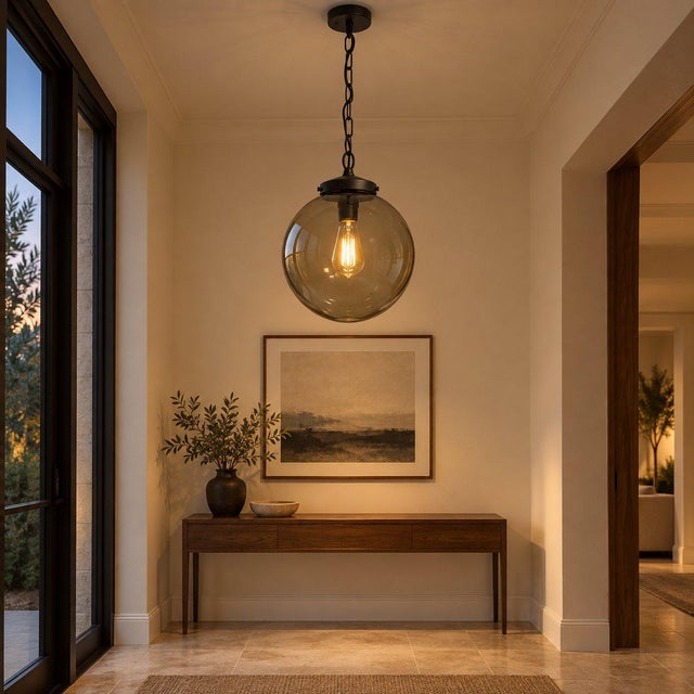 1970s Mid Century Modern Smoked Glass Globe Pendant Light, Black Metal, Ceiling Fixture For Sale - Image 10 of 13